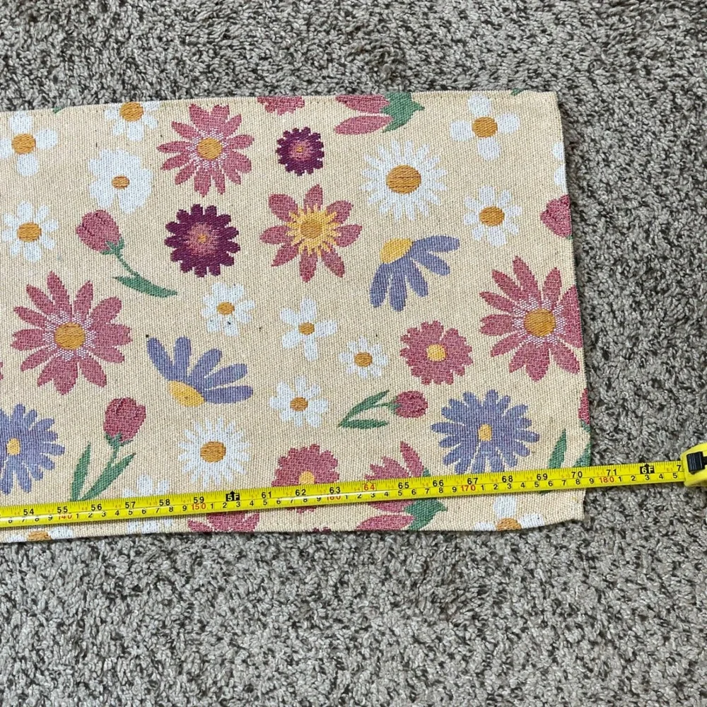 Vintage Woven Floral Daisy Table Runner Yellow Pink Blue Tapestry Flower Cottage